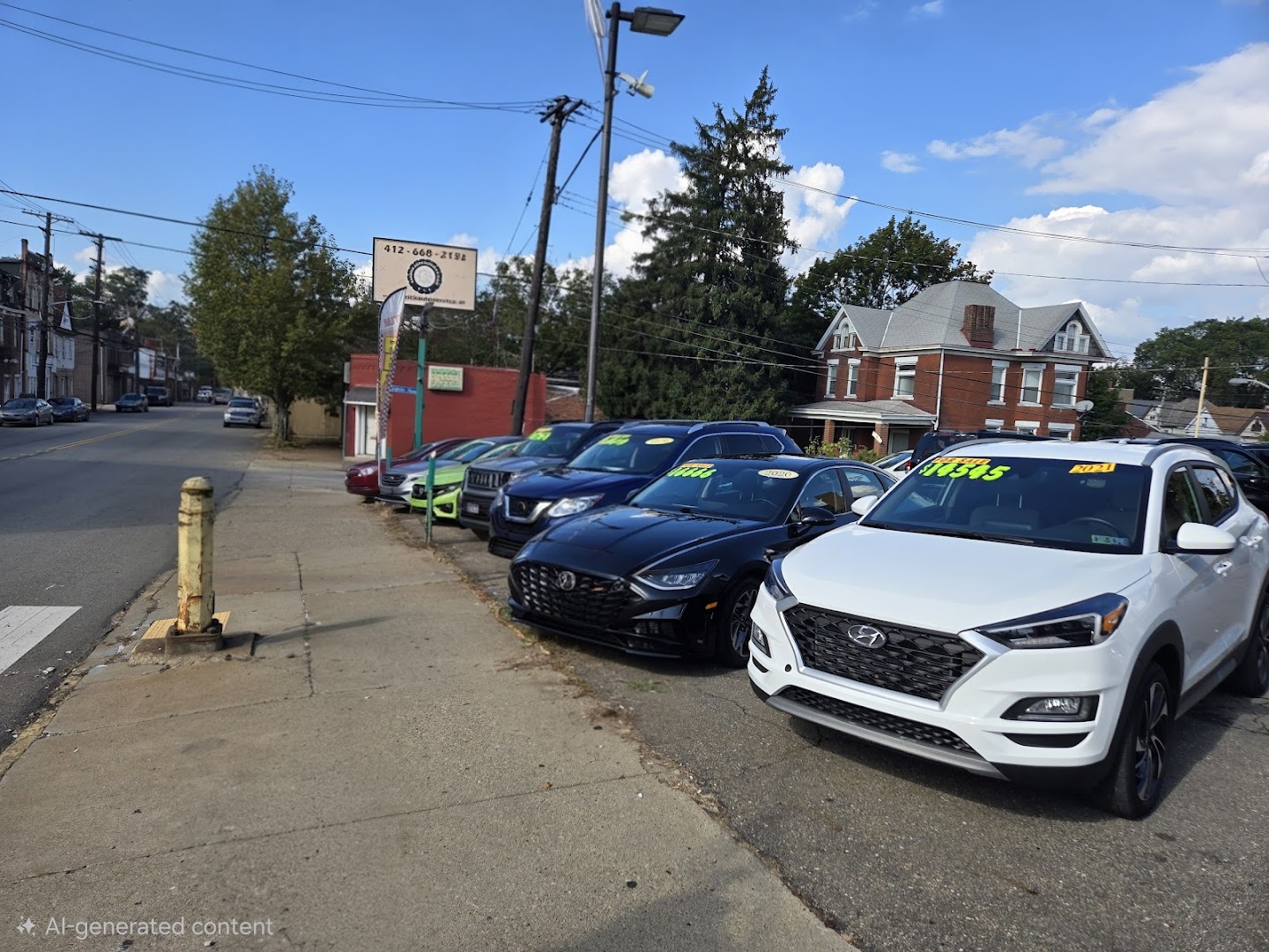 Carrick Auto Service and Sales used car lot with vehicles lined up along Brownsville Road